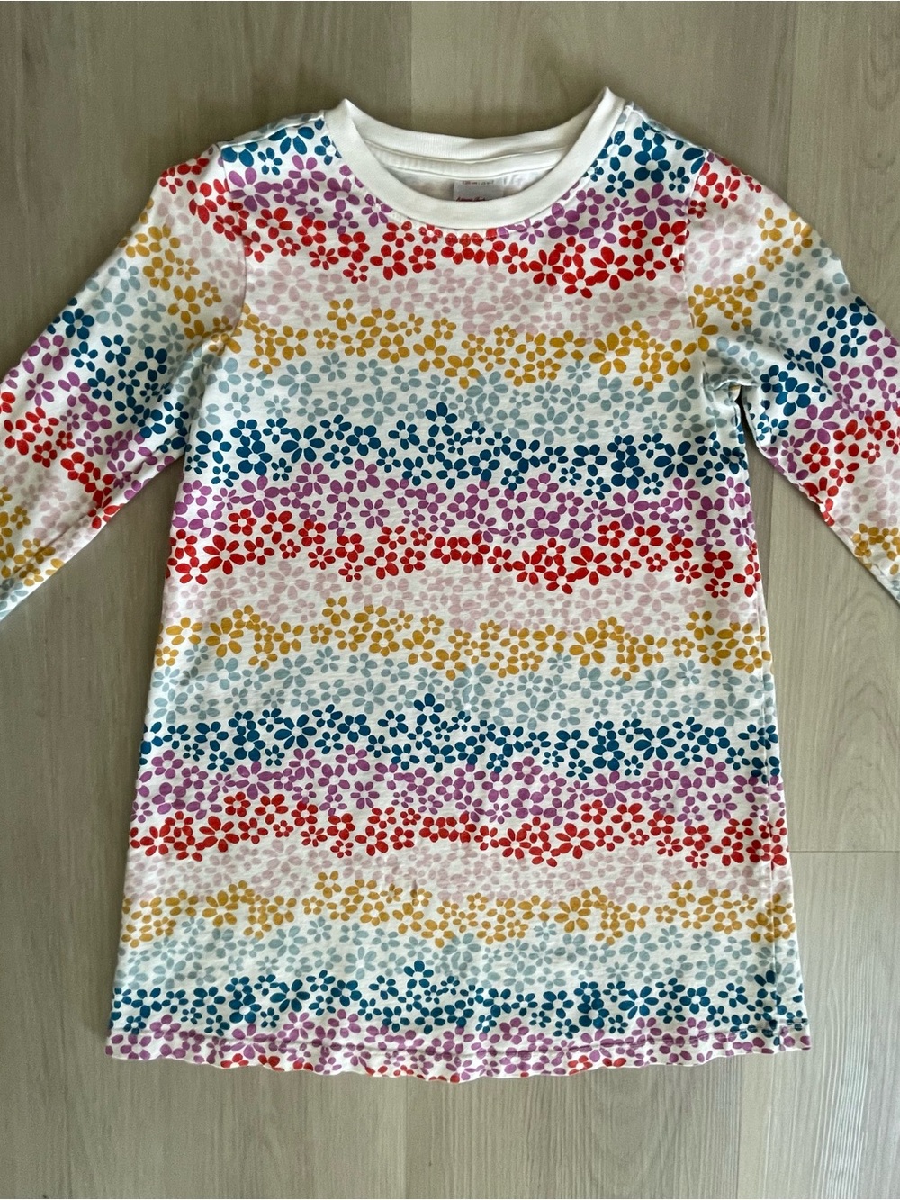 Hanna Andersson White Long-Sleeve Dress with Rainbow Floral Stripes